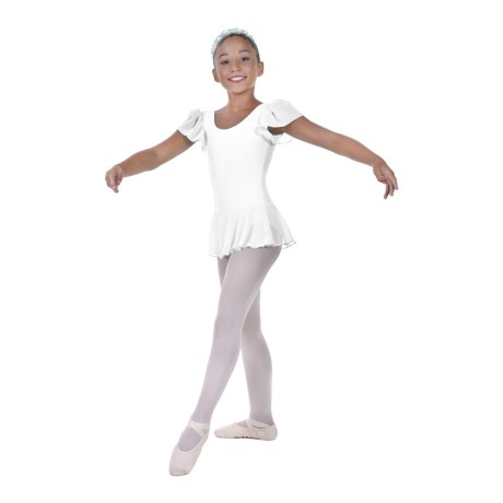 Girls Flutter Sleeved Leotard With Skirt Full Lining, Cotton, Elastane White