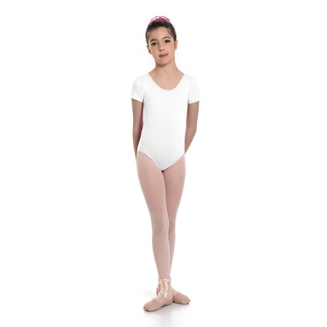Girls Short Sleeved Leotard, Cotton - Elastane White