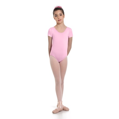 Girls Short Sleeved Leotard, Cotton - Elastane Light Pink