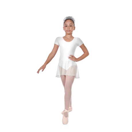 Girls Short Sleeved Leotard With Skirt, Cotton - Elastane White