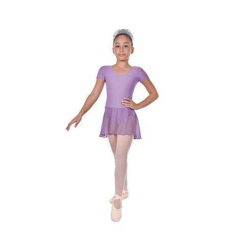 Girls Short Sleeved Leotard With Skirt, Cotton - Elastane Lilac