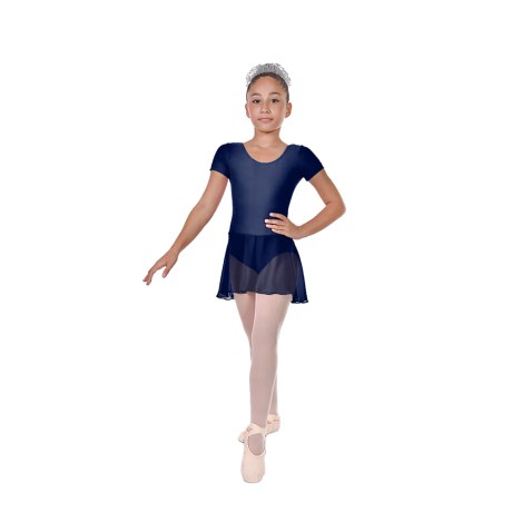 Girls Short Sleeved Leotard With Skirt, Cotton - Elastane Blue Navy
