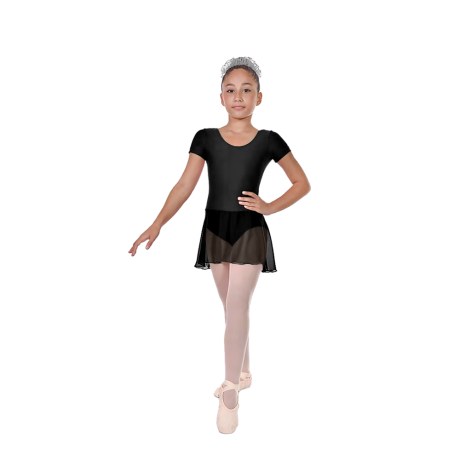 Girls Short Sleeved Leotard With Skirt, Cotton - Elastane Black