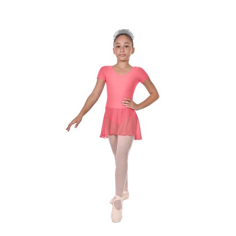 Girls Short Sleeved Leotard With Skirt, Lycra Matt Flamingo