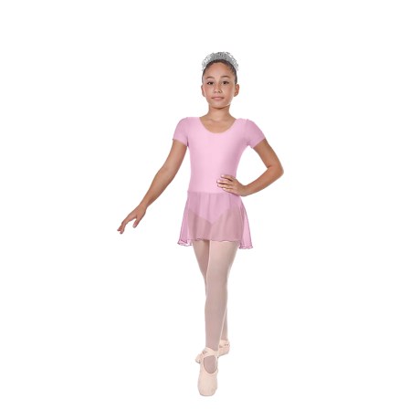 Girls Short Sleeved Leotard With Skirt, Lycra Matt Light Pink