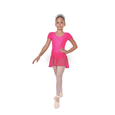 Girls Short Sleeved Leotard With Skirt, Cotton - Elastane Fuchsia