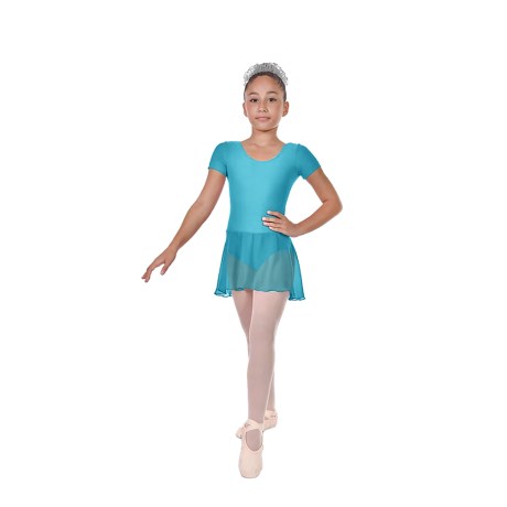 Girls Short Sleeved Leotard With Skirt, Cotton - Elastane Turchese