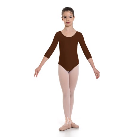 Girls 3/4 Sleeved Leotard, Cotton - Elastane Brown