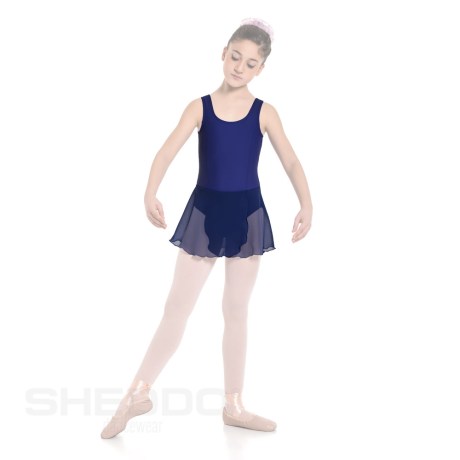 Girls Tank Leotard With Princess Seams & Crossover Skirt, Cotton - Elastane Blue Navy