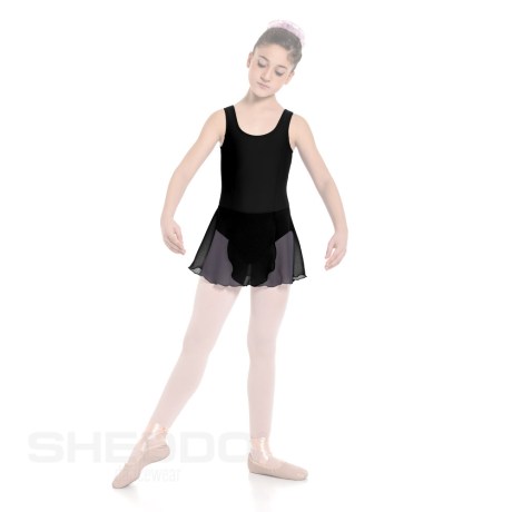 Girls Tank Leotard With Princess Seams & Crossover Skirt, Cotton - Elastane Black