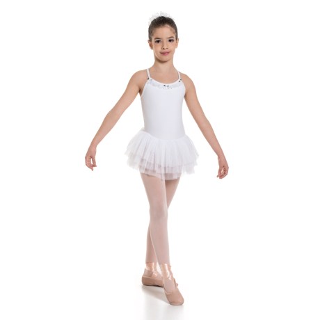 Girls Camisole Leotard Dress with 3 Layered Mesh Tulle Skirt & Neckline Decorations, Lycra Matt