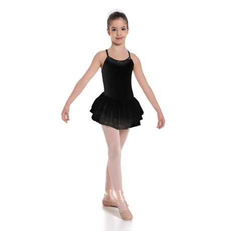 Girls Camisole Leotard Dress with 3 Layered Mesh Tulle Skirt & Neckline Decorations, Lycra Matt