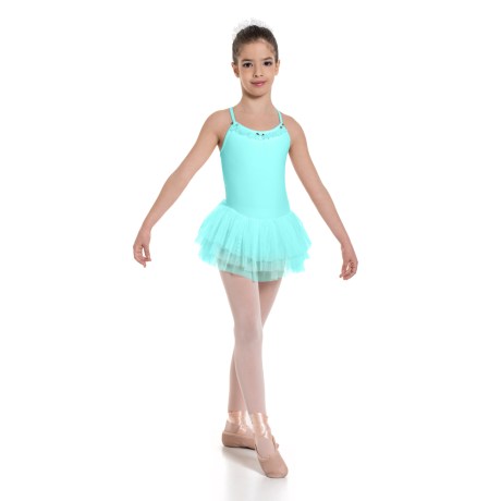Girls Camisole Leotard Dress with 3 Layered Mesh Tulle Skirt & Neckline Decorations, Lycra Matt