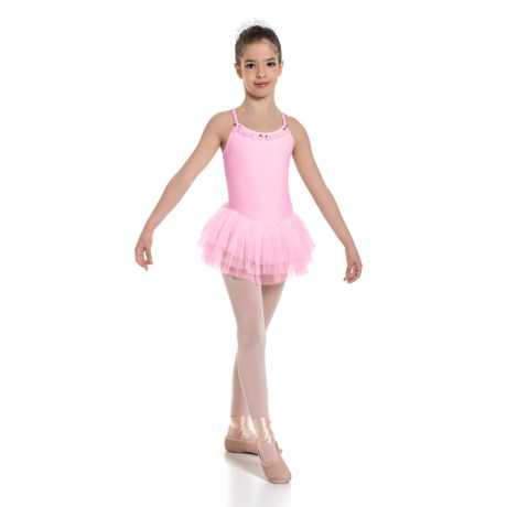 Girls Camisole Leotard Dress with 3 Layered Mesh Tulle Skirt & Neckline Decorations, Lycra Matt