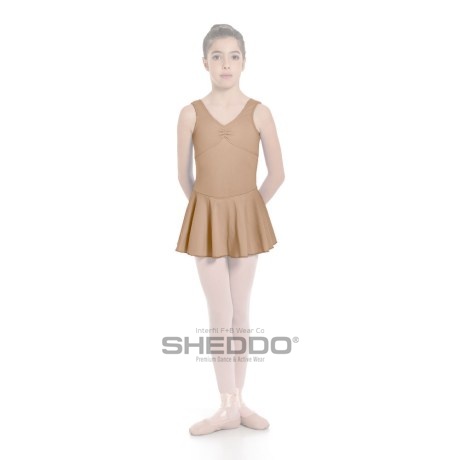 Girls Tank Pinched Front Low Back Leotard With Skirt, Lycra Matt Nude
