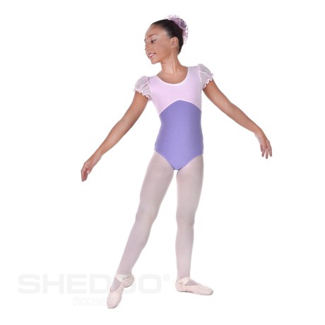 Girls Bicoloured Puff Sleeved Leotard Pinched Key Hole, Cotton - Elastane Light Pink & Lilac