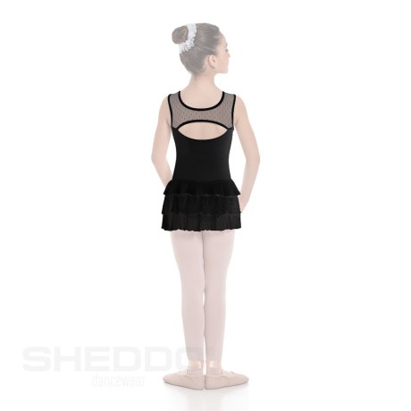 Girls Seamless Leotard with Hole on the Back & 3 Layered Polka Dots Tulle Skirt, Lycra - Tulle Black