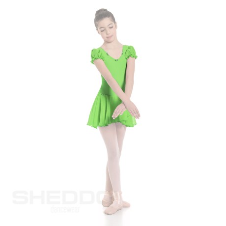 Girls Puff Sleeved Leotard With Crossover Skirt, Lycra Matt Kiwi