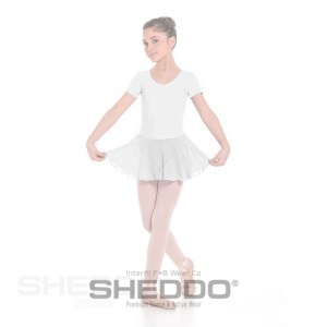Girls Short Sleeved Princess Seam Leotard With Skirt Full Lining, Cotton - Elastane White