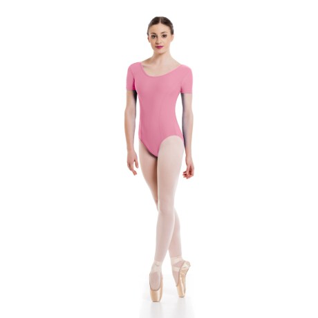 Female Short Sleeved Princess Seams Leotard, Lycra Matt Soft Pink