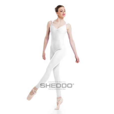 Female Twisted Shoulder Pleated Double Front Low Back Unitard, Cotton - Elastane White
