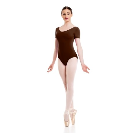 Female Short Sleeved Leotard, Cotton - Elastane Brown