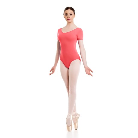 Female Short Sleeved Leotard, Lycra Matt Flamingo