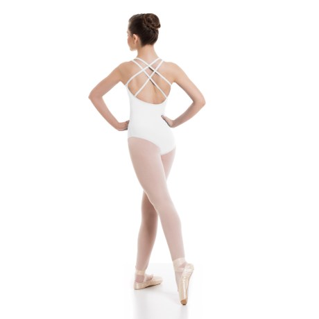 Female Camisole Low Back Leotard With Interlaced Straps Bra Lining, Lycra Matt White
