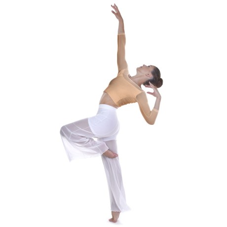 Female 3/4 Sleeved Scoop Neck Low Back Mesh Top, Nude