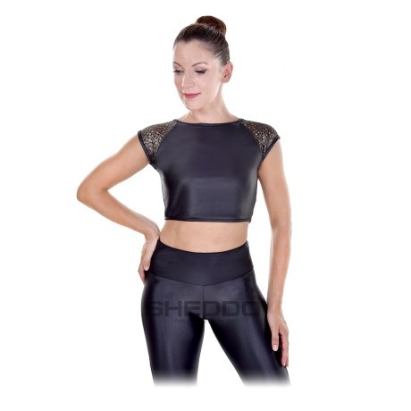 Female Cap Sleeved Boatneck Crop Top, with Netting on the Back, Lurex Lycra, Black