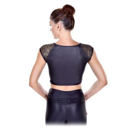 Female Cap Sleeved Boatneck Crop Top, with Netting on the Back, Lurex Lycra, Black