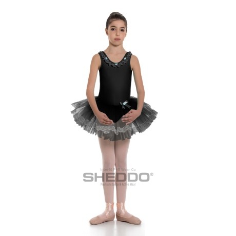 Girls Tank Leotard With Tulle Skirt & Lace Decor, Black