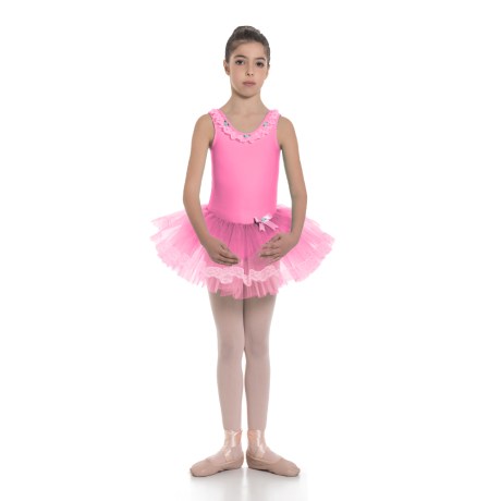 Girls Tank Leotard With Tulle Skirt Lace Decor, Azalea Pink