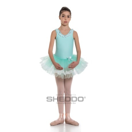 Girls Tank Leotard With Tulle Skirt Lace Decor, Petrol