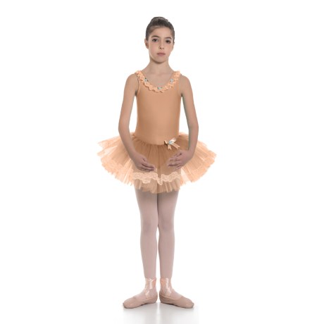 Girls Tank Leotard With Tulle Skirt Lace Decor, Nude Beige