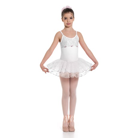 Girls Camisole Leotard With Tulle Lace Skirt Upper Lace Bodice, Lycra White