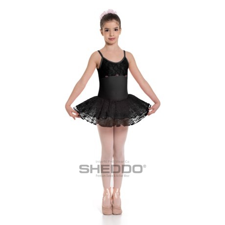 Girls Camisole Leotard With Tulle Lace Skirt Upper Lace Bodice, Meryl Black