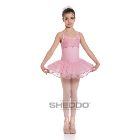Girls Camisole Leotard With Tulle Lace Skirt Upper Lace Bodice, Lycra Soft Pink