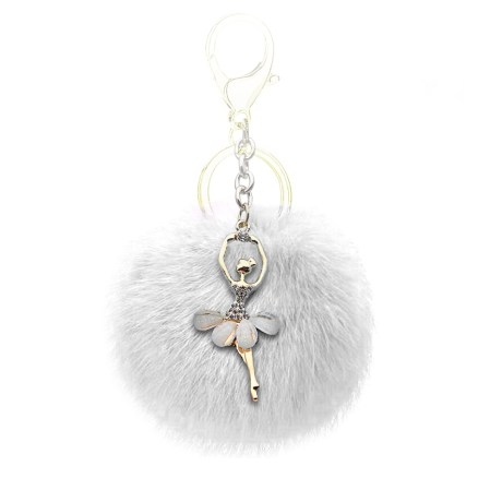 Ballerina Keychain With Strass, White Pom Pon
