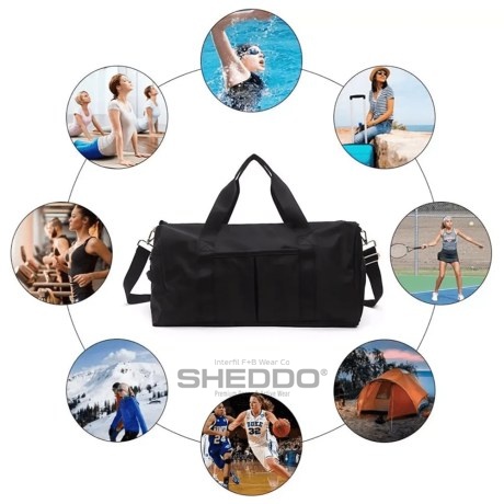 Sports Bag with Shoes Compartment, Waterproof Pocket for Wet Towels & Side Pocket, Black