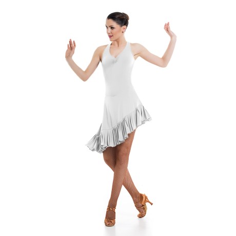 Girls Criss-Cross Asymmetric Leotard Dress feat Wide Straps Low Back &#38; Ruffle Hem, Super Jersey White
