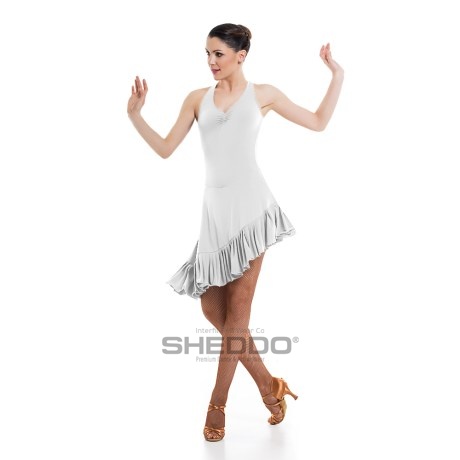 Female Criss-Cross Asymmetric Leotard Dress feat Wide Straps Low Back & Ruffle Hem, Super Jersey White