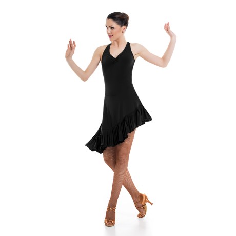 Girls Criss-Cross Asymmetric Leotard Dress feat Wide Straps Low Back &#38; Ruffle Hem, Super Jersey Black