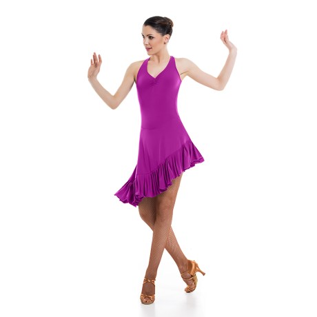 Female Criss-Cross Asymmetric Leotard Dress feat Wide Straps Low Back & Ruffle Hem, Meryl Bachata