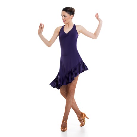 Girls Criss-Cross Asymmetric Leotard Dress feat Wide Straps Low Back &#38; Ruffle Hem, Super Jersey Eggplant