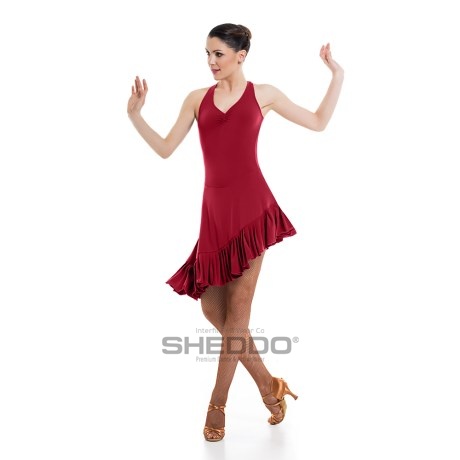 Female Criss-Cross Asymmetric Leotard Dress feat Wide Straps Low Back & Ruffle Hem, Super Jersey Red