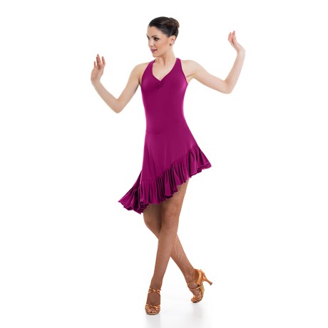 Girls Criss-Cross Asymmetric Leotard Dress feat Wide Straps Low Back &#38; Ruffle Hem, Super Jersey Fuchsia