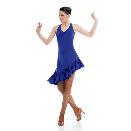 Girls Criss-Cross Asymmetric Leotard Dress feat Wide Straps Low Back &#38; Ruffle Hem, Super Jersey Electric Blue