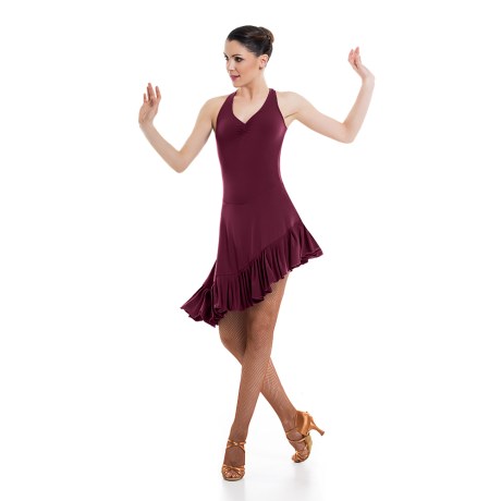 Girls Criss-Cross Asymmetric Leotard Dress feat Wide Straps Low Back &#38; Ruffle Hem, Super Jersey Burgundy