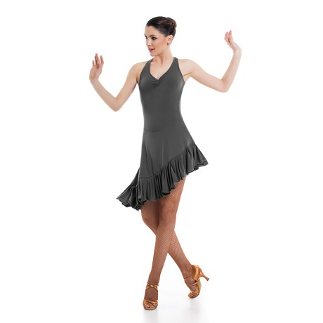 Female Criss-Cross Asymmetric Leotard Dress feat Wide Straps Low Back & Ruffle Hem, Super Jersey Carbon